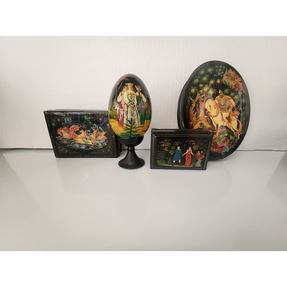 Vintage Russian Lacquer Boxes Egg Pedestal Hand Painted & Signed Lot Of 4 1990s